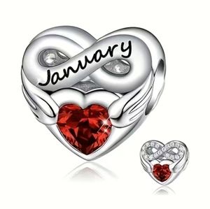 January Charm with red birthstone Reverse has clear rhinestones and red heart